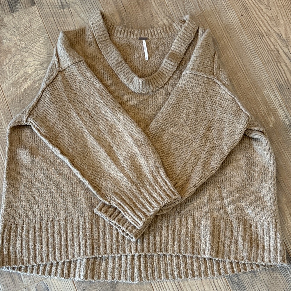Free People V-Neck Sweater in Warm Tan